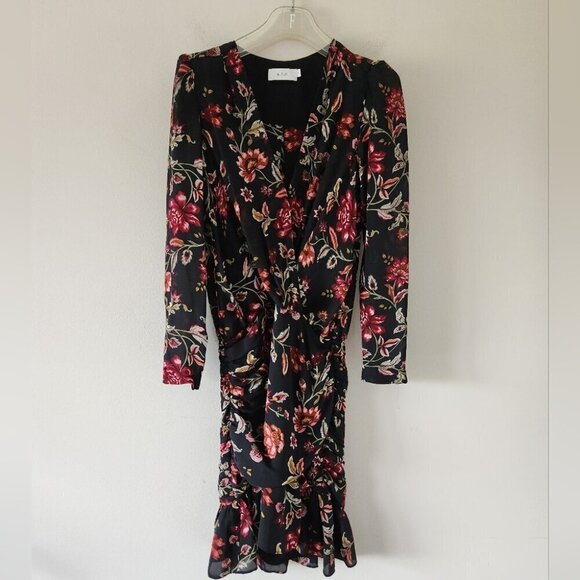 A.L.C. | Haven Ruched Floral Print 100% Silk Dress black red sz 0 - Picture 2 of 6